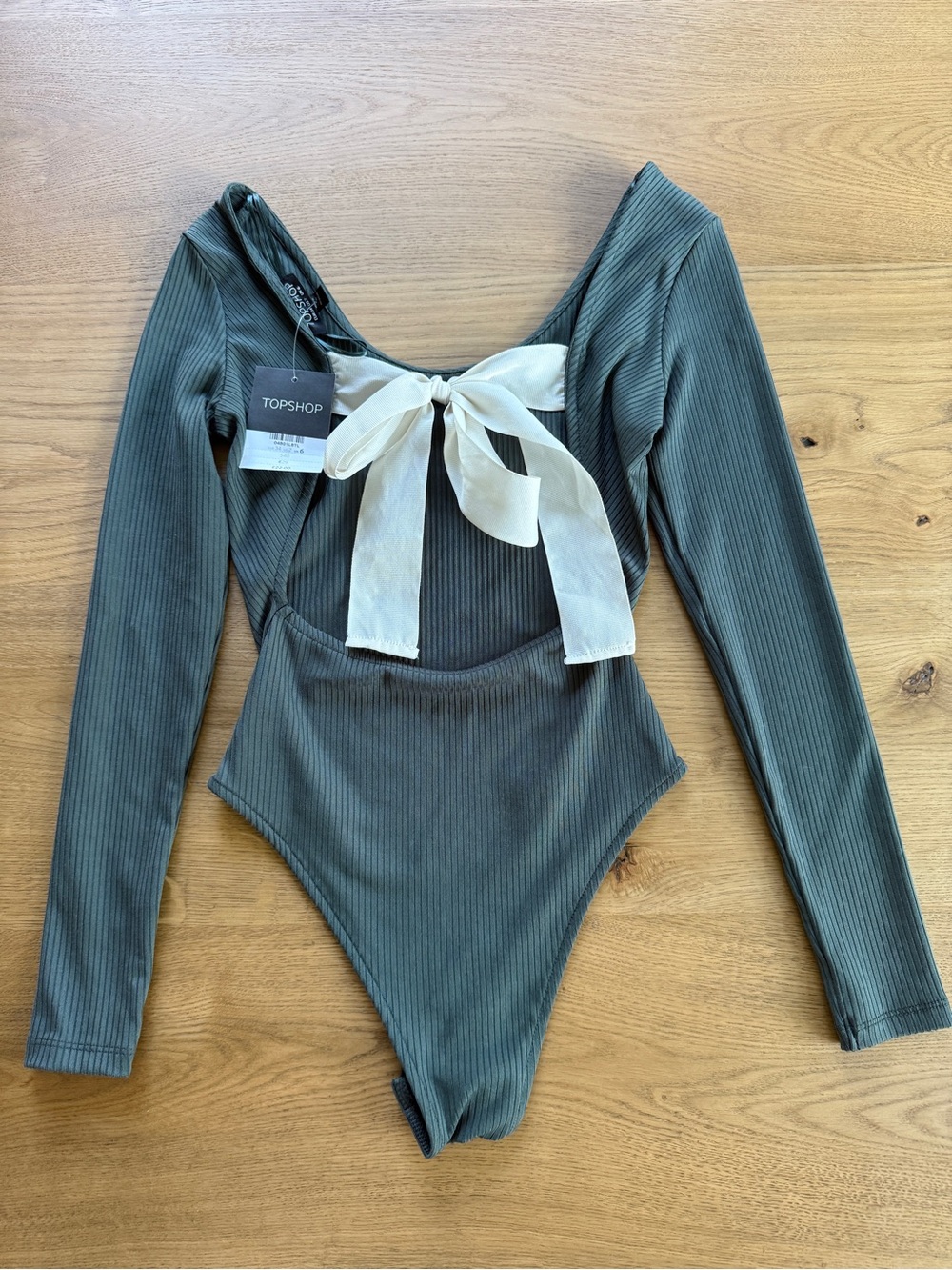 Topshop Olive Green Ribbed Long Sleeve Bodysuit Size 2 New with Tags
